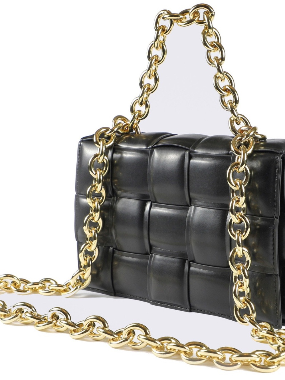 Black Padded Woven Faux Leather Shoulder Bag, Cassette Bag with Gold Chain Strap
